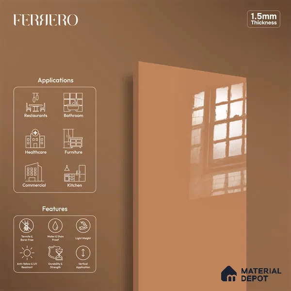 Ferrero 1C 01585 Copper Beige 8 ft x 4 ft High Gloss Finish 6H Anti Scratch Acrylic Laminate - 1.5 mm | Suitable for Living Room, Kitchen, Office