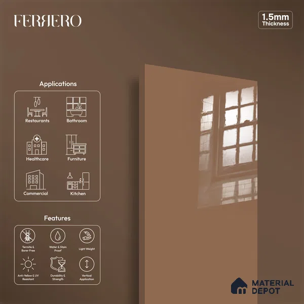 Ferrero 1C 01583 Sandy Cocoa 8 ft x 4 ft High Gloss Finish 6H Anti Scratch Acrylic Laminate - 1.5 mm | Suitable for Living Room, Kitchen, Office