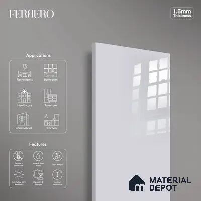 Ferrero 1C 01570 Light Slate 8 ft x 4 ft High Gloss Finish 6H Anti Scratch Acrylic Laminate - 1.5 mm | Suitable for Living Room, Kitchen, Office