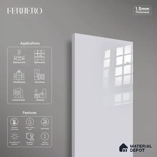 Ferrero 1C 01570 Light Slate 8 ft x 4 ft High Gloss Finish 6H Anti Scratch Acrylic Laminate - 1.5 mm | Suitable for Living Room, Kitchen, Office