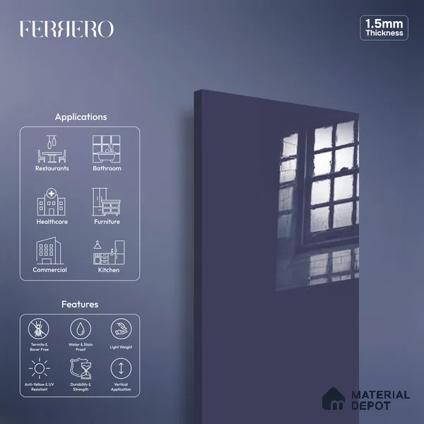 Ferrero 1C 01596 Twilight Navy 8 ft x 4 ft High Gloss Finish 6H Anti Scratch Acrylic Laminate - 1.5 mm | Suitable for Living Room, Kitchen, Office