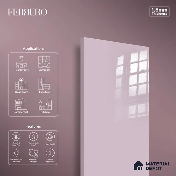 Ferrero 1C 01586 Blushed Lilac 8 ft x 4 ft High Gloss Finish 6H Anti Scratch Acrylic Laminate - 1.5 mm | Suitable for Living Room, Kitchen, Office