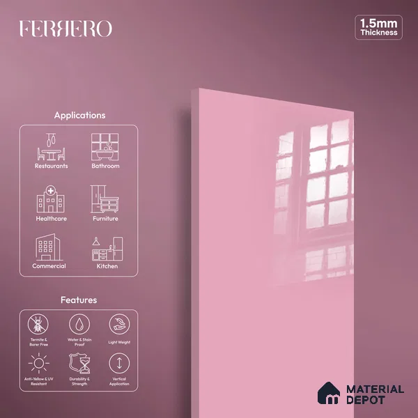 Ferrero 1C 01591 Vintage Pink 8 ft x 4 ft High Gloss Finish 6H Anti Scratch Acrylic Laminate - 1.5 mm | Suitable for Living Room, Kitchen, Office
