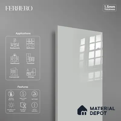 Ferrero 1C 01594 Cloudy Pearl 8 ft x 4 ft High Gloss Finish 6H Anti Scratch Acrylic Laminate - 1.5 mm | Suitable for Living Room, Kitchen, Office
