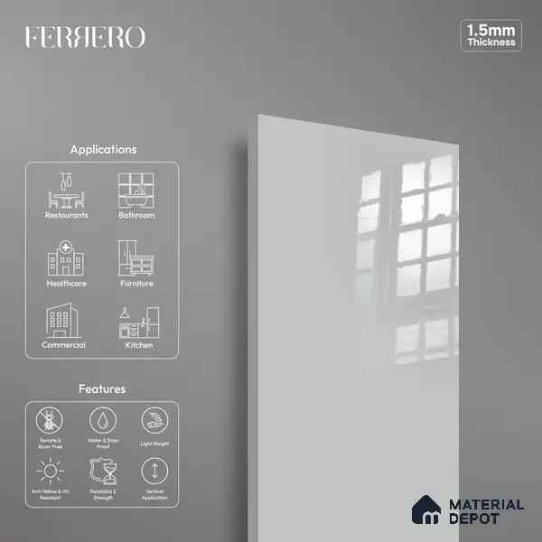 Ferrero 1C 01594 Cloudy Pearl 8 ft x 4 ft High Gloss Finish 6H Anti Scratch Acrylic Laminate - 1.5 mm | Suitable for Living Room, Kitchen, Office