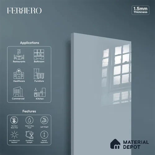 Ferrero 1C 01595 Cloudy Pearl 8 ft x 4 ft High Gloss Finish 6H Anti Scratch Acrylic Laminate - 1.5 mm | Suitable for Living Room, Kitchen, Office