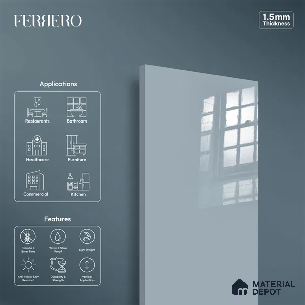 Ferrero 1C 01595 Cloudy Pearl 8 ft x 4 ft High Gloss Finish 6H Anti Scratch Acrylic Laminate - 1.5 mm | Suitable for Living Room, Kitchen, Office
