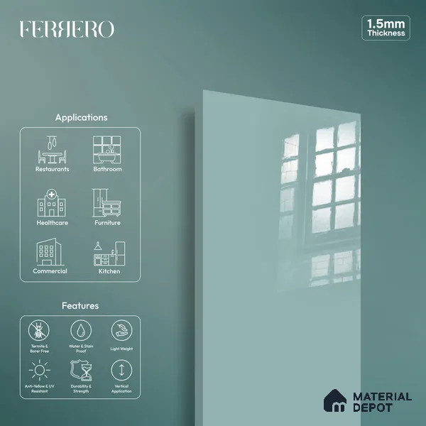 Ferrero 1C 01589 Teal Depth 8 ft x 4 ft High Gloss Finish 6H Anti Scratch Acrylic Laminate - 1.5 mm | Suitable for Living Room, Kitchen, Office