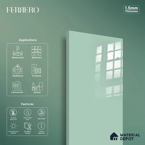 Ferrero 1C 01592 Cool Mint 8 ft x 4 ft High Gloss Finish 6H Anti Scratch Acrylic Laminate - 1.5 mm | Suitable for Living Room, Kitchen, Office