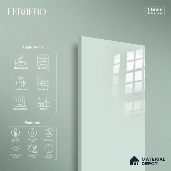 Ferrero 1C 01593 Aqua Sage 8 ft x 4 ft High Gloss Finish 6H Anti Scratch Acrylic Laminate - 1.5 mm | Suitable for Living Room, Kitchen, Office