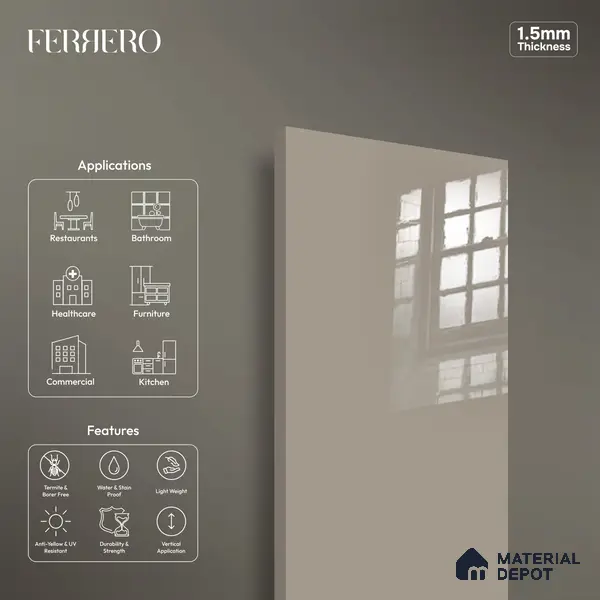 Ferrero 1C 01563 Vintage Sand 8 ft x 4 ft High Gloss Finish 6H Anti Scratch Acrylic Laminate - 1.5 mm | Suitable for Living Room, Kitchen, Office
