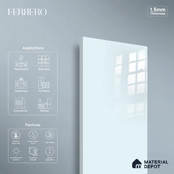 Ferrero 1C 01588 Cloudy Pearl 8 ft x 4 ft High Gloss Finish 6H Anti Scratch Acrylic Laminate - 1.5 mm | Suitable for Living Room, Kitchen, Office