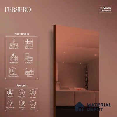 Ferrero 1C Copper Mirror  8 ft x 4 ft High Gloss Finish 6H Anti Scratch Acrylic Self Adhesive Laminate - 1.5 mm | Suitable for Bedroom, TV Unit, Wardrobe, Kitchen Cabinet