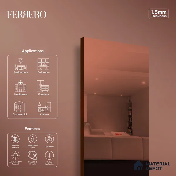 Ferrero 1C Copper Mirror 8 ft x 4 ft High Gloss Finish 6H Anti Scratch Acrylic Self Adhesive Laminate - 1.5 mm | Suitable for Bedroom, TV Unit, Wardrobe, Kitchen Cabinet