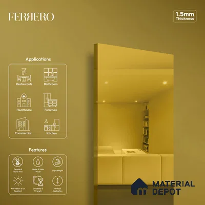 Ferrero 1C Gold Mirror  8 ft x 4 ft High Gloss Finish 6H Anti Scratch Acrylic Self Adhesive Laminate - 1.5 mm | Suitable for Bedroom, TV Unit, Wardrobe, Kitchen Cabinet