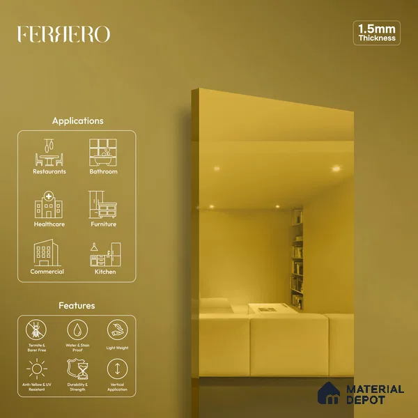 Ferrero 1C Gold Mirror 8 ft x 4 ft High Gloss Finish 6H Anti Scratch Acrylic Self Adhesive Laminate - 1.5 mm | Suitable for Bedroom, TV Unit, Wardrobe, Kitchen Cabinet