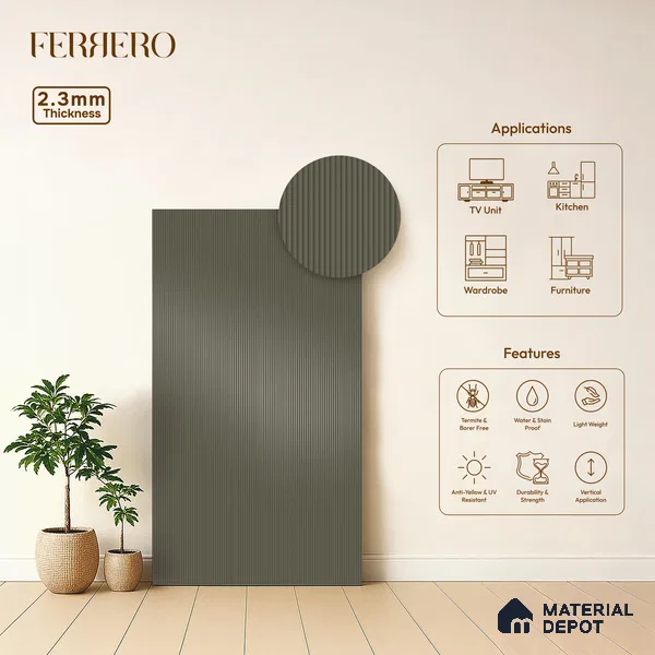 Espresso Brown Fluted Solid Color 1D 05210 Espresso Dust 8 ft x 4 ft High Gloss Finish Acrylic Laminate - 2.3 mm | Suitable for TV Unit,Wardrobe, Kitchen Cabinets