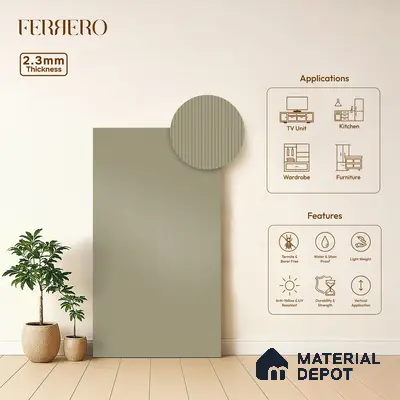 Olive Sand Fluted Solid Color 1D 05208 Olive Sand 8 ft x 4 ft High Gloss Finish Acrylic Laminate - 2.3 mm | Suitable for TV Unit,Wardrobe, Kitchen Cabinets