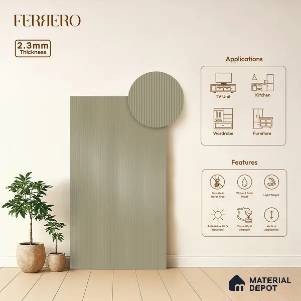 Olive Sand Fluted Solid Color 1D 05208 Olive Sand 8 ft x 4 ft High Gloss Finish Acrylic Laminate - 2.3 mm | Suitable for TV Unit,Wardrobe, Kitchen Cabinets