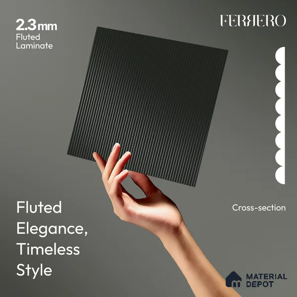Iron Shadow Black Fluted Solid Color 1D 05211 Iron Shadow 8 ft x 4 ft High Gloss Finish Acrylic Laminate - 2.3 mm | Suitable for TV Unit,Wardrobe, Kitchen Cabinets