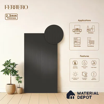 Iron Shadow Black Fluted Solid Color 1D 05211 Iron Shadow 8 ft x 4 ft High Gloss Finish Acrylic Laminate - 2.3 mm | Suitable for TV Unit,Wardrobe, Kitchen Cabinets