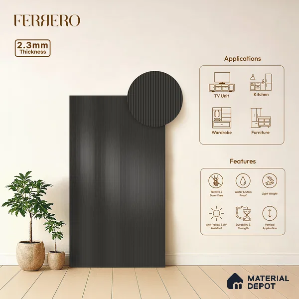 Iron Shadow Black Fluted Solid Color 1D 05211 Iron Shadow 8 ft x 4 ft High Gloss Finish Acrylic Laminate - 2.3 mm | Suitable for TV Unit,Wardrobe, Kitchen Cabinets