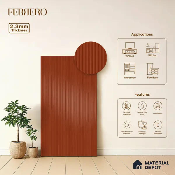 Fluted Solid Color 1D 05224 Clay 8 ft x 4 ft High Gloss Finish Acrylic Laminate - 2.3 mm | Suitable for TV Unit,Wardrobe, Kitchen Cabinets