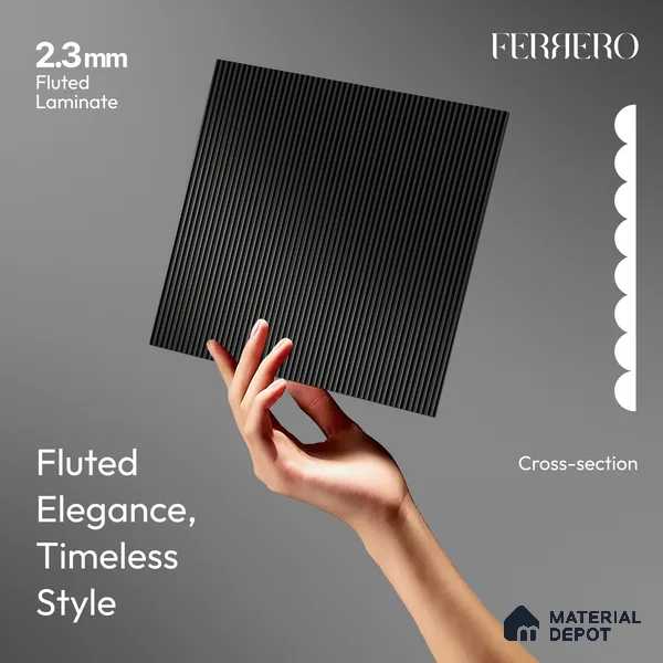 Deep Slate Black Fluted Solid Color 1D 05223 Deep Slate 8 ft x 4 ft High Gloss Finish Acrylic Laminate - 2.3 mm | Suitable for TV Unit,Wardrobe, Kitchen Cabinets