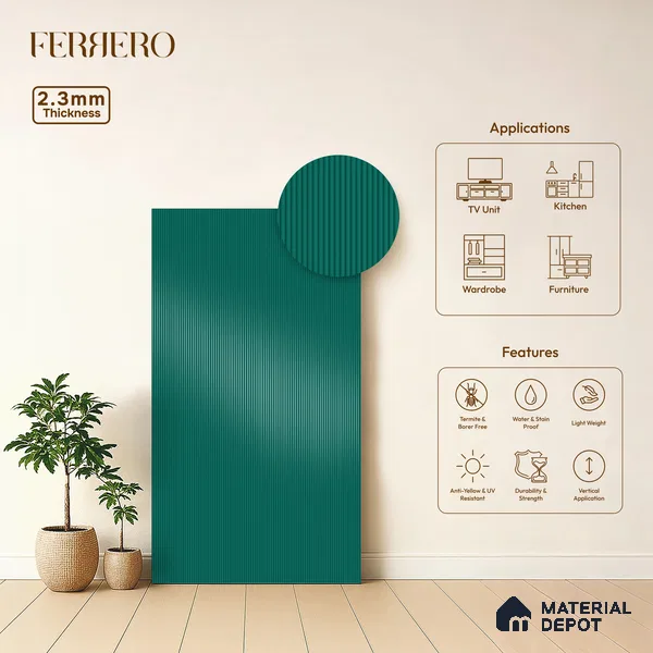 Deep Aqua Blue Fluted Solid Color 1D 05220 Deep Aqua 8 ft x 4 ft High Gloss Finish Acrylic Laminate - 2.3 mm | Suitable for TV Unit,Wardrobe, Kitchen Cabinets
