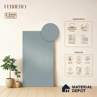 Clouded Blue Grey Fluted Solid Color 1D 05241 Clouded Blue 8 ft x 4 ft High Gloss Finish Acrylic Laminate - 2.3 mm | Suitable for TV Unit,Wardrobe, Kitchen Cabinets