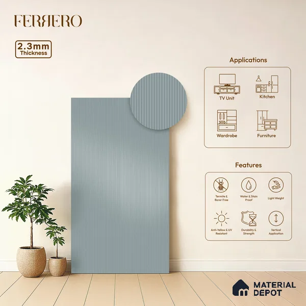 Clouded Blue Grey Fluted Solid Color 1D 05241 Clouded Blue 8 ft x 4 ft High Gloss Finish Acrylic Laminate - 2.3 mm | Suitable for TV Unit,Wardrobe, Kitchen Cabinets
