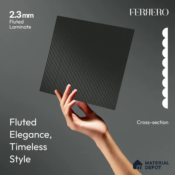Jet Black Fluted Solid Color 1D 05243 Olive Stone 8 ft x 4 ft High Gloss Finish Acrylic Laminate - 2.3 mm | Suitable for TV Unit,Wardrobe, Kitchen Cabinets