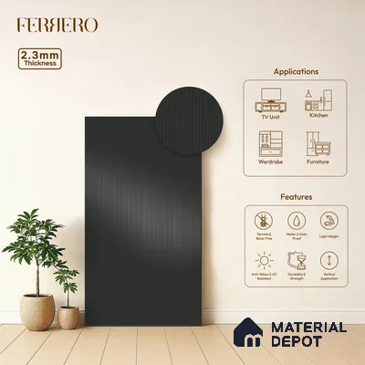 Jet Black Fluted Solid Color 1D 05243 Olive Stone 8 ft x 4 ft High Gloss Finish Acrylic Laminate - 2.3 mm | Suitable for TV Unit,Wardrobe, Kitchen Cabinets