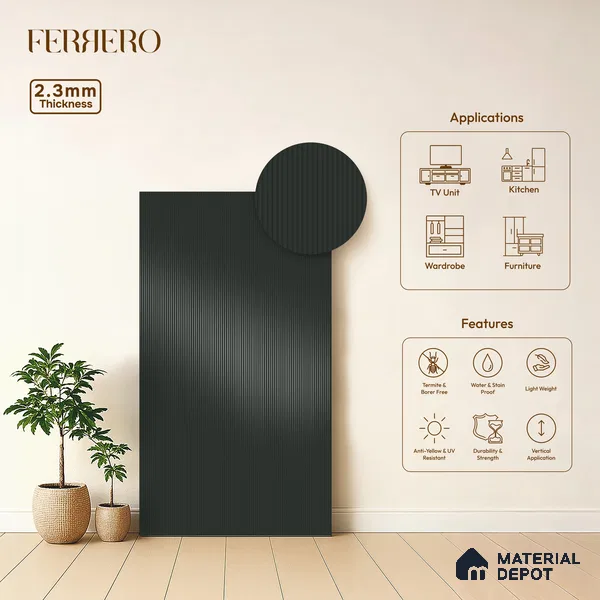 Graphite Gray Fluted Solid Color 1D 05244 Graphite Gray 8 ft x 4 ft High Gloss Finish Acrylic Laminate - 2.3 mm | Suitable for TV Unit,Wardrobe, Kitchen Cabinets