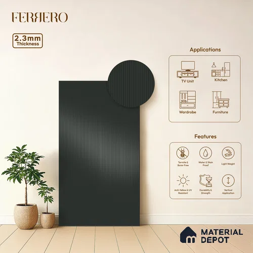 Graphite Gray Fluted Solid Color 1D 05244 Graphite Gray 8 ft x 4 ft High Gloss Finish Acrylic Laminate - 2.3 mm | Suitable for TV Unit,Wardrobe, Kitchen Cabinets