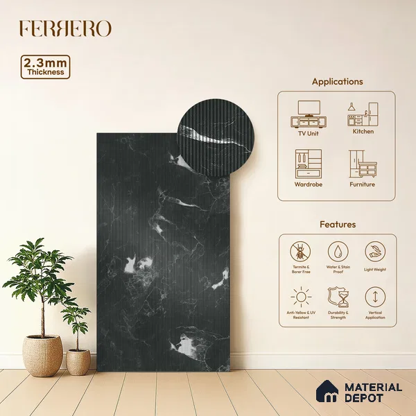 Marble Fluted 1D 05276 Eclipse Veins 8 ft x 4 ft High Gloss Finish Acrylic Laminate - 2.3 mm | Suitable for TV Unit,Wardrobe, Kitchen Cabinets