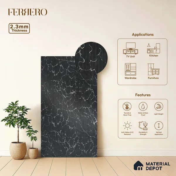 Marble Fluted 1D 05292 Shadow Veins 8 ft x 4 ft High Gloss Finish Acrylic Laminate - 2.3 mm | Suitable for TV Unit,Wardrobe, Kitchen Cabinets