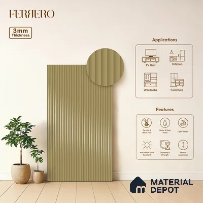 Antique Taupe Fluted Solid Color 1D 05405 Antique Taupe 8 ft x 4 ft High Gloss Finish Acrylic Laminate - 3 mm | Suitable for TV Unit,Wardrobe, Kitchen Cabinets