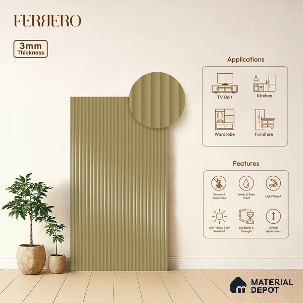 Antique Taupe Fluted Solid Color 1D 05405 Antique Taupe 8 ft x 4 ft High Gloss Finish Acrylic Laminate - 3 mm | Suitable for TV Unit,Wardrobe, Kitchen Cabinets