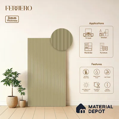 Ferrero 1D 05416 Ashen Sand 8 ft x 4 ft High Gloss Finish Fluted Acrylic Laminate - 3 mm | Suitable for Bedroom, TV Unit, Wardrobe, Kitchen Cabinet