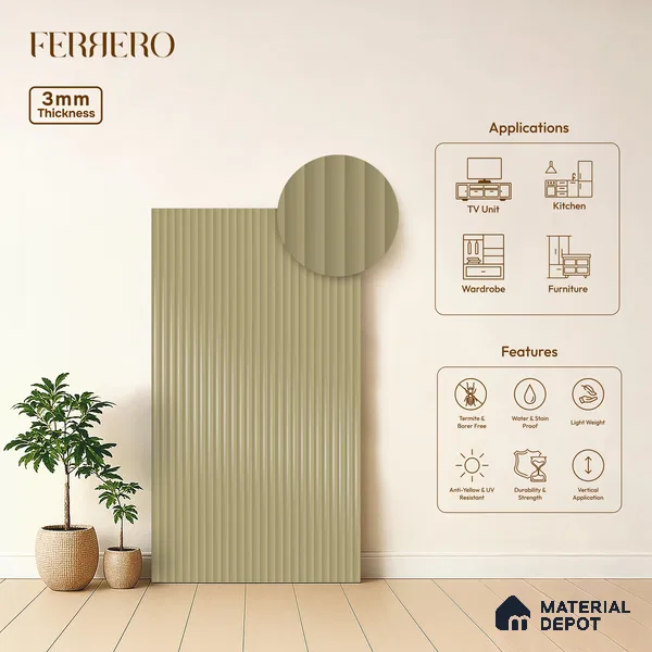 Ferrero 1D 05416 Ashen Sand 8 ft x 4 ft High Gloss Finish Fluted Acrylic Laminate - 3 mm | Suitable for Bedroom, TV Unit, Wardrobe, Kitchen Cabinet