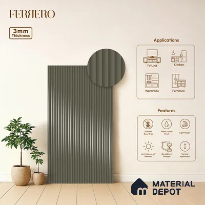Urban Steel Grey Fluted Solid Color 1D 05410 Urban Steel 8 ft x 4 ft High Gloss Finish Acrylic Laminate - 3 mm | Suitable for TV Unit,Wardrobe, Kitchen Cabinets