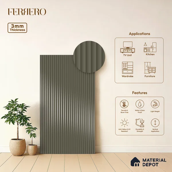 Urban Steel Grey Fluted Solid Color 1D 05410 Urban Steel 8 ft x 4 ft High Gloss Finish Acrylic Laminate - 3 mm | Suitable for TV Unit,Wardrobe, Kitchen Cabinets