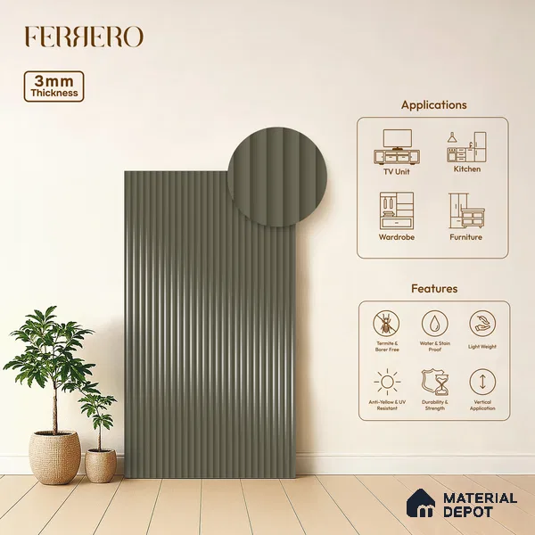 Urban Slate Brown Fluted Solid Color 1D 05414 Urban Slate 8 ft x 4 ft High Gloss Finish Acrylic Laminate - 3 mm | Suitable for TV Unit,Wardrobe, Kitchen Cabinets
