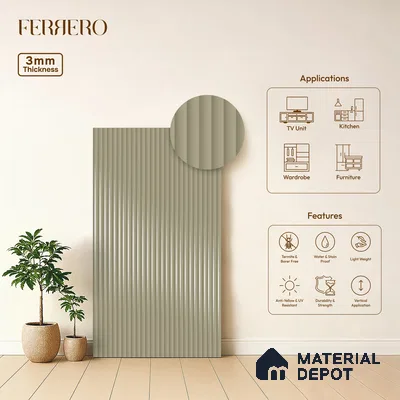 Lavender Fog Grey Fluted Solid Color 1D 05408 Lavender Fog 8 ft x 4 ft High Gloss Finish Acrylic Laminate - 3 mm | Suitable for TV Unit,Wardrobe, Kitchen Cabinets
