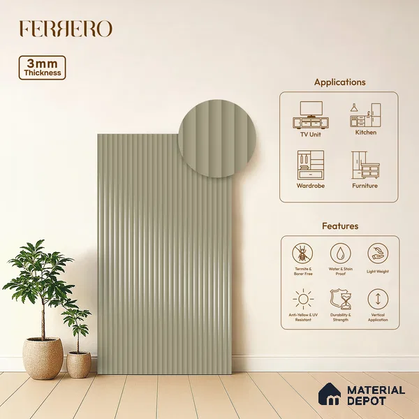 Lavender Fog Grey Fluted Solid Color 1D 05408 Lavender Fog 8 ft x 4 ft High Gloss Finish Acrylic Laminate - 3 mm | Suitable for TV Unit,Wardrobe, Kitchen Cabinets