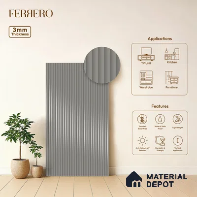 Foggy Grey Fluted Solid Color 1D 05409 Foggy Sky 8 ft x 4 ft High Gloss Finish Acrylic Laminate - 3 mm | Suitable for TV Unit,Wardrobe, Kitchen Cabinets