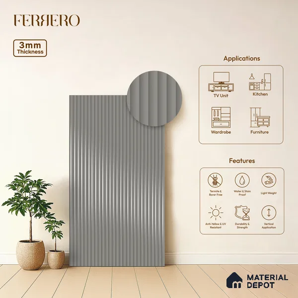 Foggy Grey Fluted Solid Color 1D 05409 Foggy Sky 8 ft x 4 ft High Gloss Finish Acrylic Laminate - 3 mm | Suitable for TV Unit,Wardrobe, Kitchen Cabinets