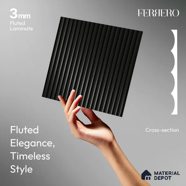 Jet Black Fluted Solid Color 1D 05423 Granite 8 ft x 4 ft High Gloss Finish Acrylic Laminate - 3 mm | Suitable for TV Unit,Wardrobe, Kitchen Cabinets