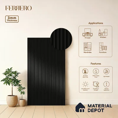 Jet Black Fluted Solid Color 1D 05423 Granite 8 ft x 4 ft High Gloss Finish Acrylic Laminate - 3 mm | Suitable for TV Unit,Wardrobe, Kitchen Cabinets